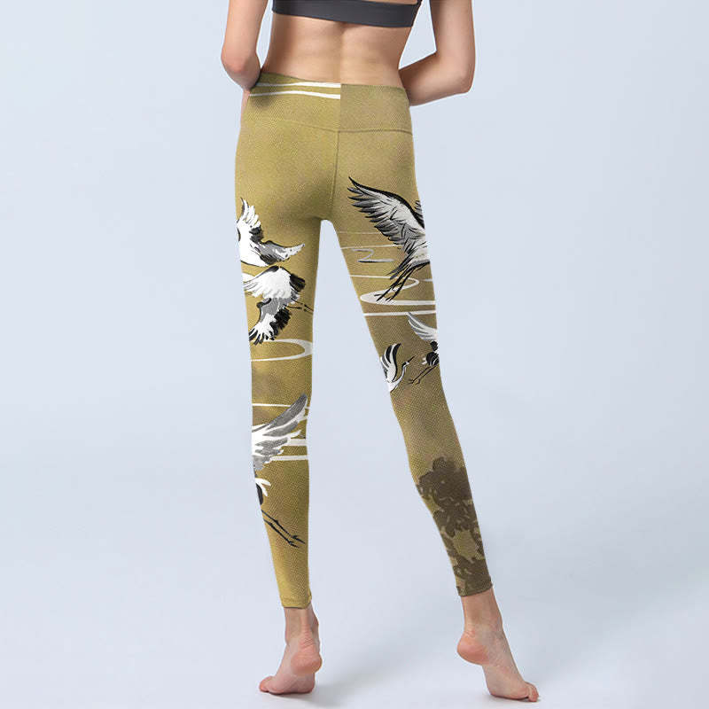Trees Cloud Red-crowned Crane Pattern Print Gym Leggings Women's Yoga Pants