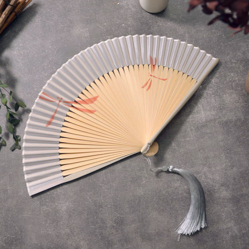 Dragonfly Handheld Polyester Tassel Bamboo Folding Fan 22cm