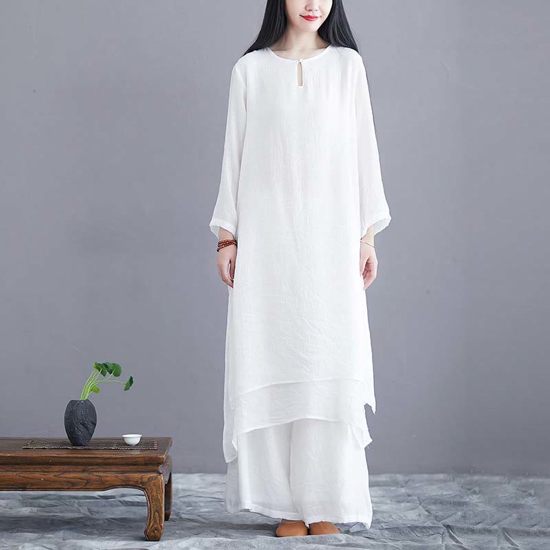 2Pcs Solid Color Midi Dress Wide Leg Pants Meditation Spiritual Zen Practice Yoga Dance Clothing