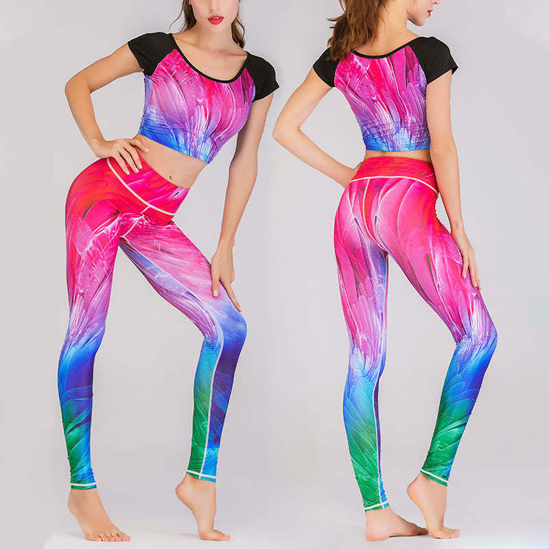 2Pcs Undersea World Mysterious Girl Gradient Color Print Top Pants Sports Fitness Yoga Women's Yoga Sets
