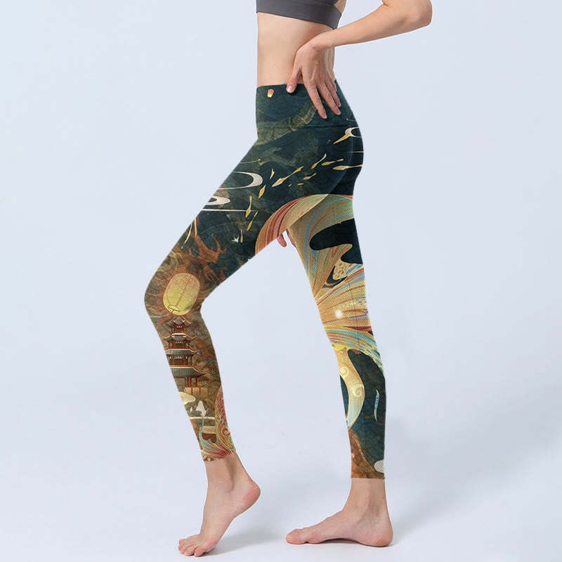 Dark Slate Gray Double Koi Fish Sky Lantern Tower Exercise Leggings Women's Yoga Pants