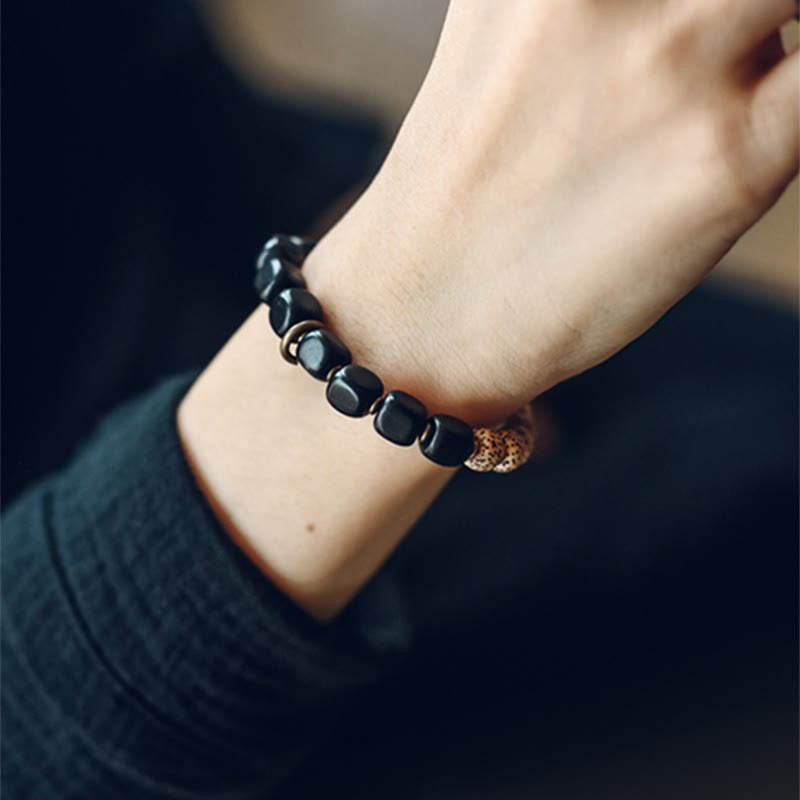 Tibetan Bodhi Seed Black Obsidian Ebony Wood Copper Peace Bracelet