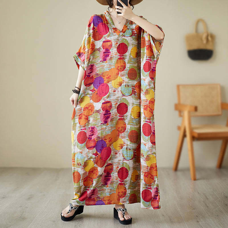 Orange Blue Colorful Polka Dots Midi Dress Cotton Half Sleeve Dress With Pockets