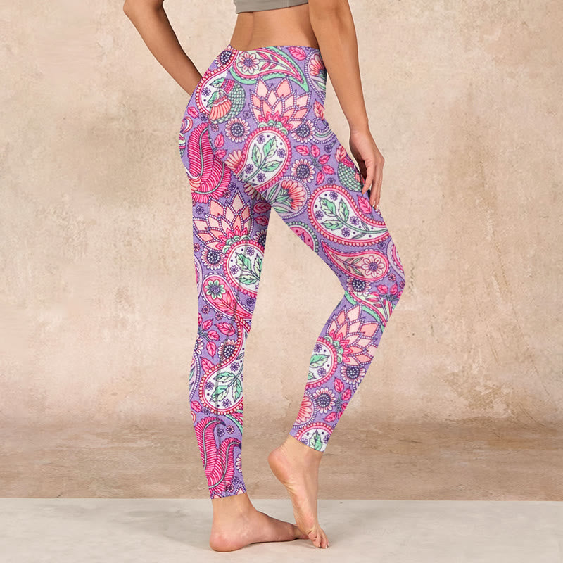 Purple Pink Cashew Flower Sunflower Print Gym Fitness Leggings Women's Yoga Pants