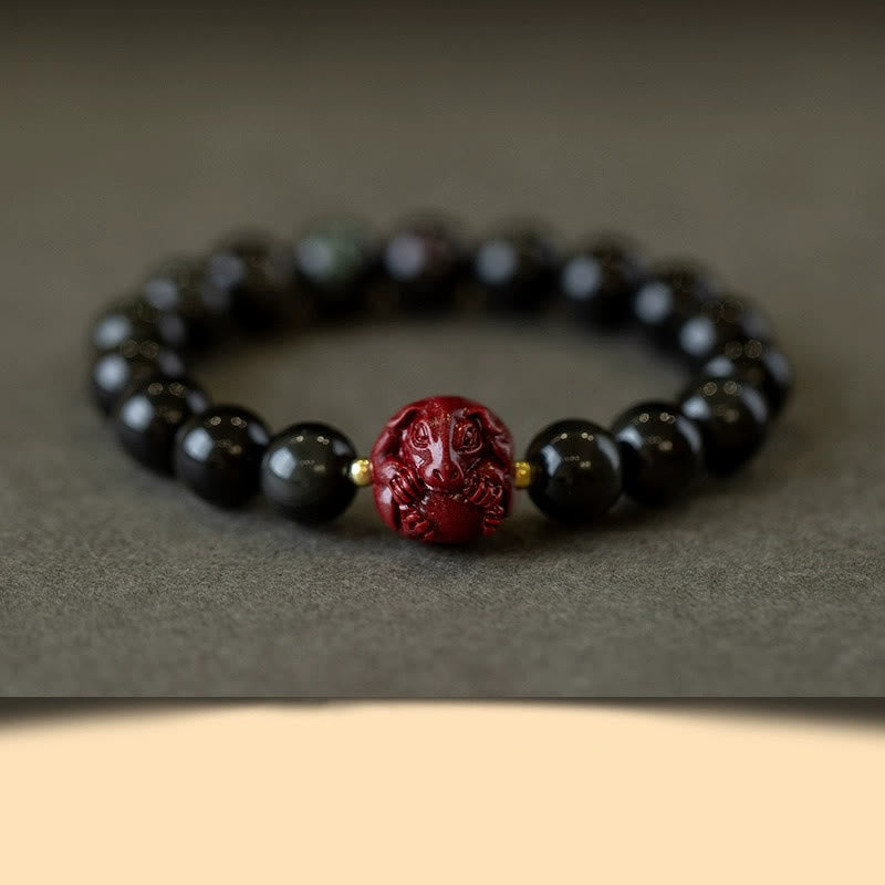Chinese Zodiac Natural Black Obsidian Cinnabar Purification Bracelet