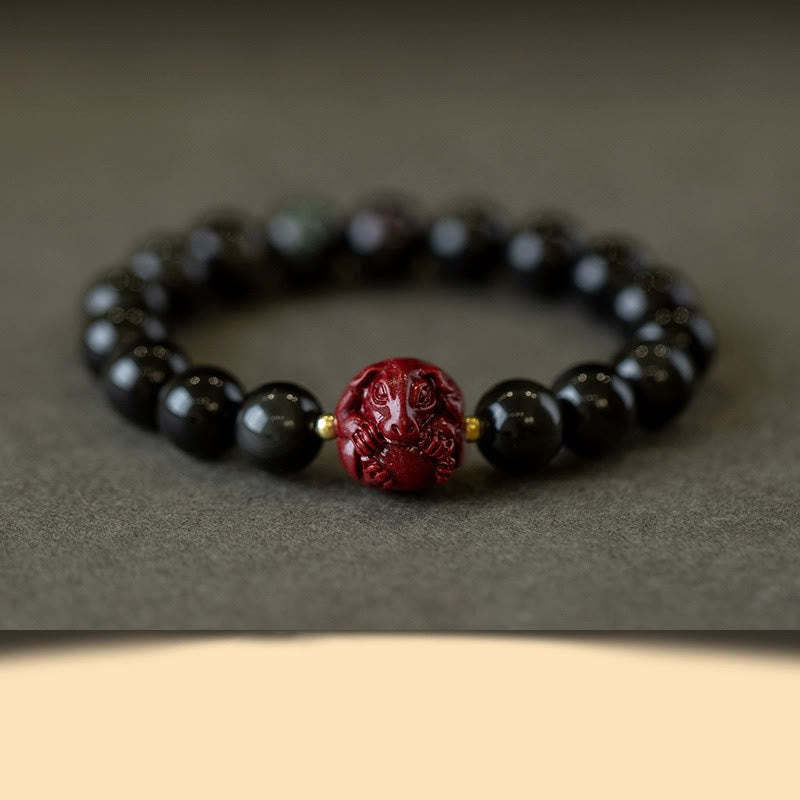 Chinese Zodiac Natural Black Obsidian Cinnabar Purification Bracelet