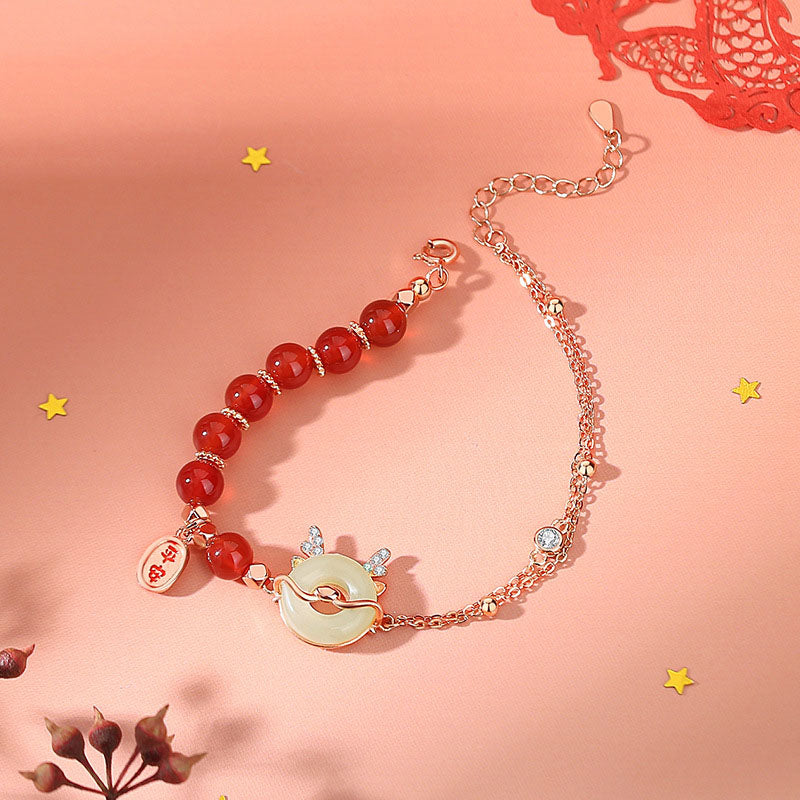 925 Sterling Silver Year of the Dragon Natural Red Agate Hetian Jade Peace Buckle Luck Success Bracelet (Extra 30% Off | USE CODE: FS30)