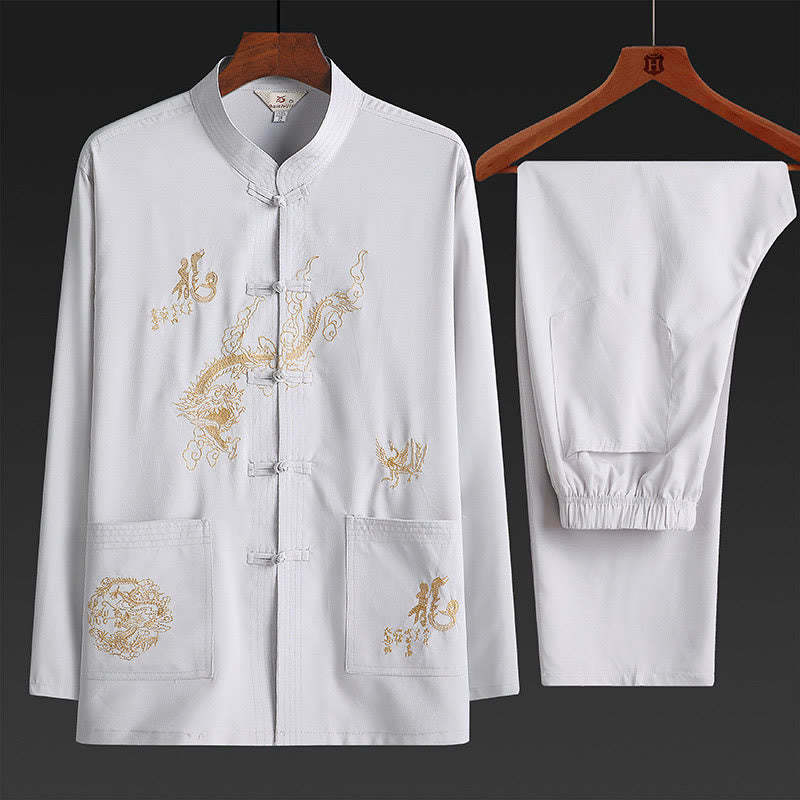 Chinese New Year Embroidered Dragon Frog-button Tang Suit Hanfu Traditional Uniform Long Sleeve Top Pants Clothing Men's Set
