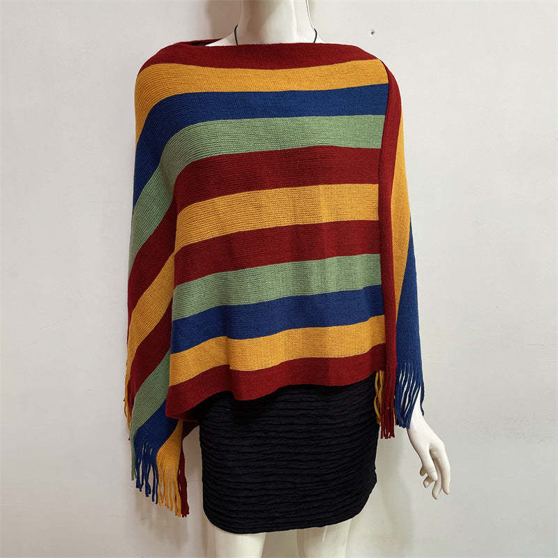 Tibetan Colorful Striped Design Shawl Tassels Pullover Winter Cozy Travel Scarf Wrap