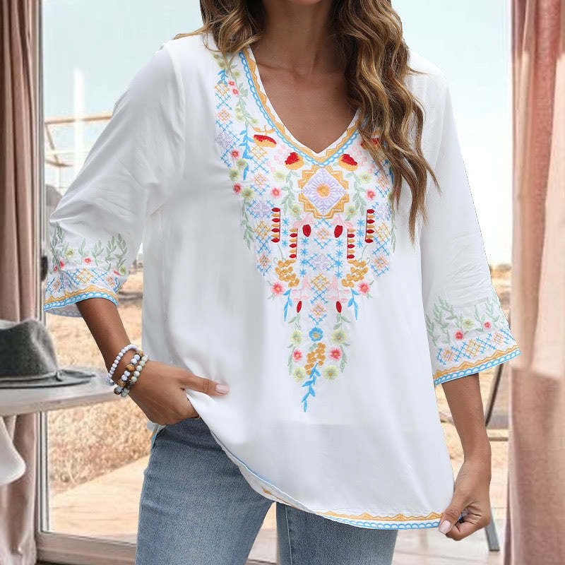 Spring Daily Embroidery Flower Pattern Long Sleeve V-neck Cotton Women's T-Shirt