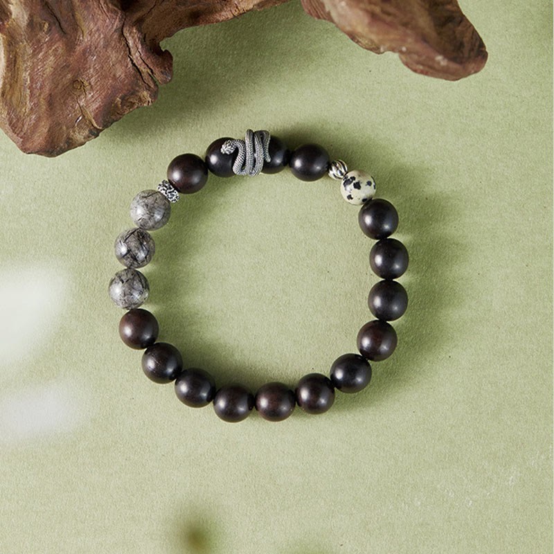 Ebony Wood Black Rutilated Quartz 925 Sterling Silver Year Of The Snake Balance Bracelet