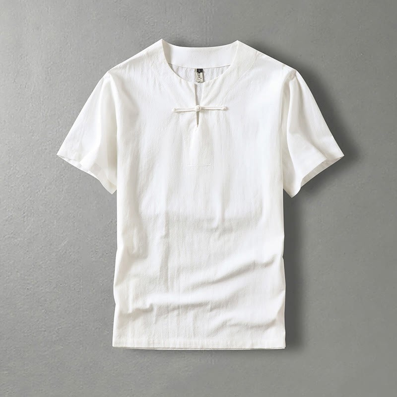 Casual Plain Color Short Sleeve One Frog Button Cotton Linen Men's Shirt