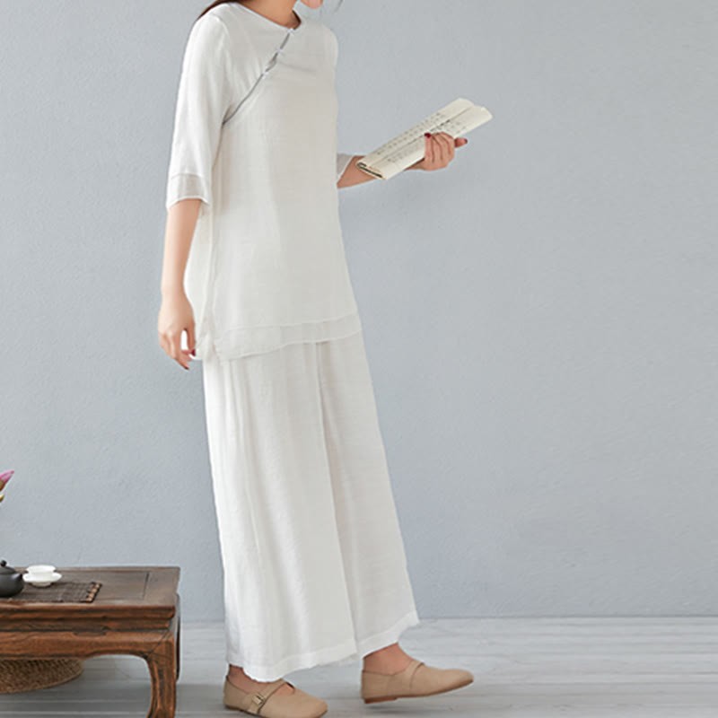 2Pcs Three Quarter Sleeve Long Sleeve Shirt Wide Leg Pants Meditation Cotton Linen Clothing Women's Set