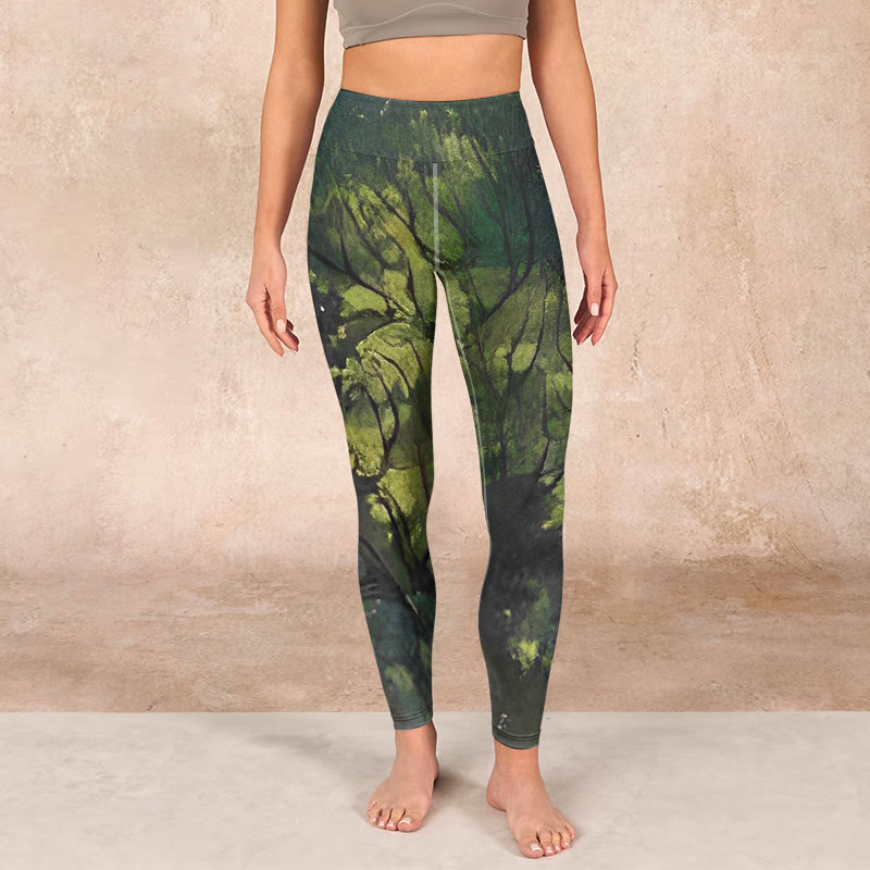 ForestGreen Leaves Black Lines Print Exercise Leggings Women's Yoga Pants