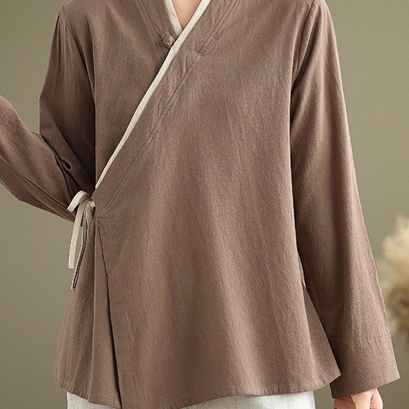 Fall Solid Color Hanfu Long Sleeve Lace Up Women's Shirt