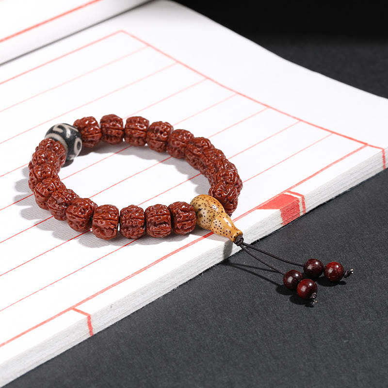 Tibet Rudraksha Bodhi Seed Dzi Bead Lucky Cat Dancing Lion Wealth Bracelet Wrist Mala