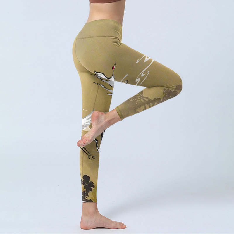 Trees Cloud Red-crowned Crane Pattern Print Gym Leggings Women's Yoga Pants