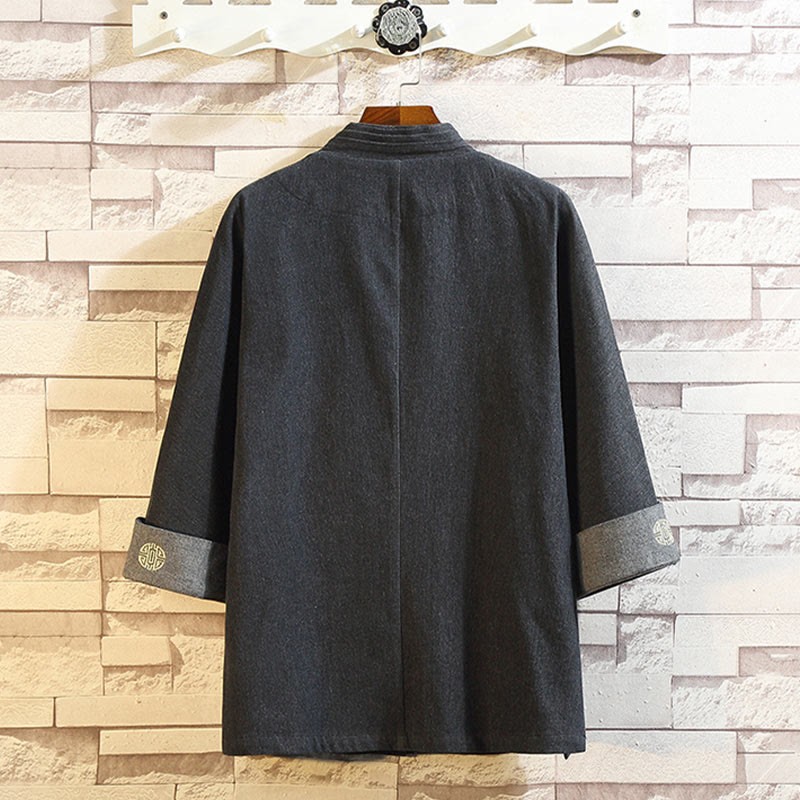 Men's Frog-Button Tang Suit Three Quarter Sleeve Jacket Shirt With Pockets
