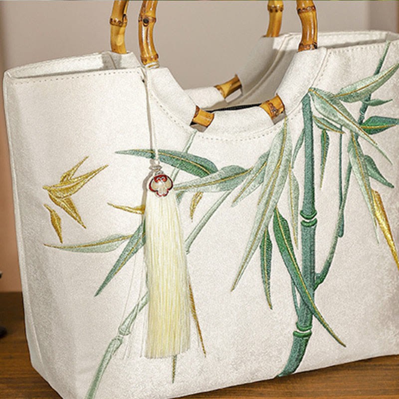Embroidery Bamboo Handle Tassel Handbags