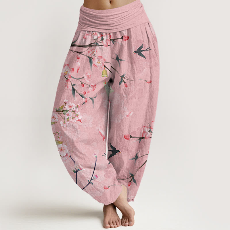 Peach Blossoms Flying Geese Pattern Women's Elastic Waist Harem Pants