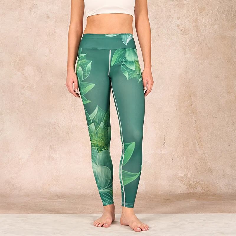 Dark Green Lotus Flower Leaf Print Gym Fitness Leggings Women's Yoga Pants