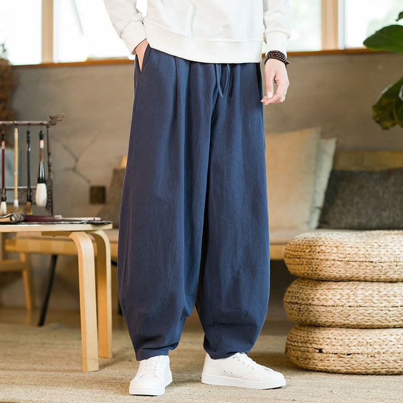 Solid Color Cotton Linen Drawstring Men's Harem Pants With Pockets