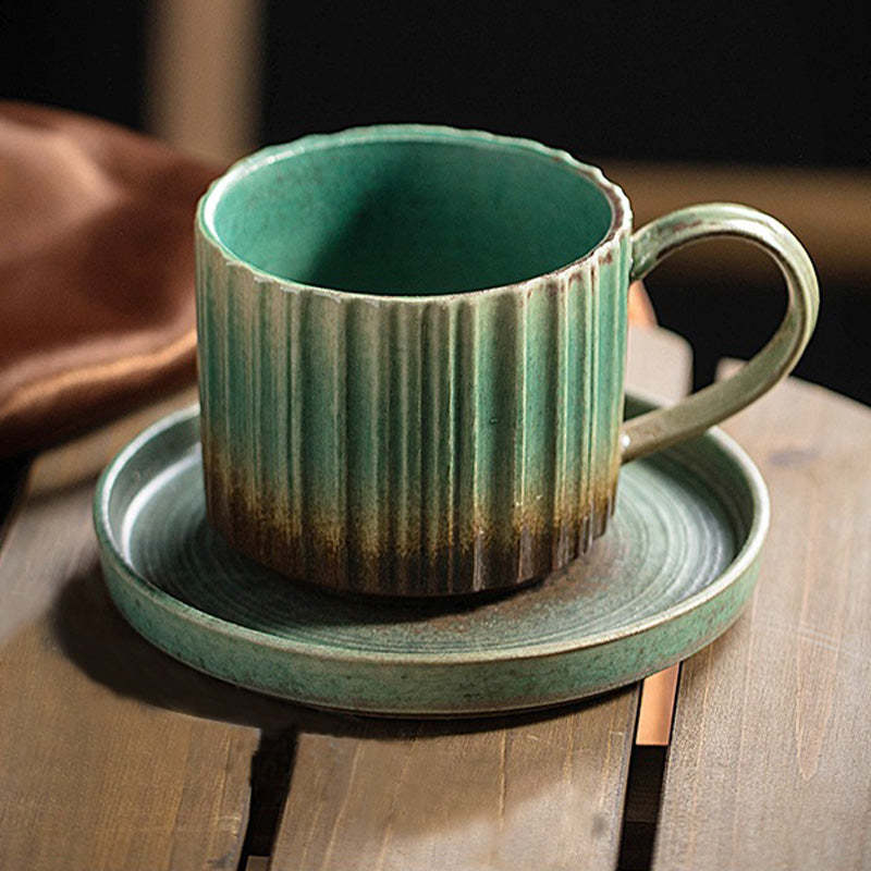 Retro Striped Kiln Change Ceramic Coffee Mug Rough Pottery Tea Coffee Cup With Saucer 250ml