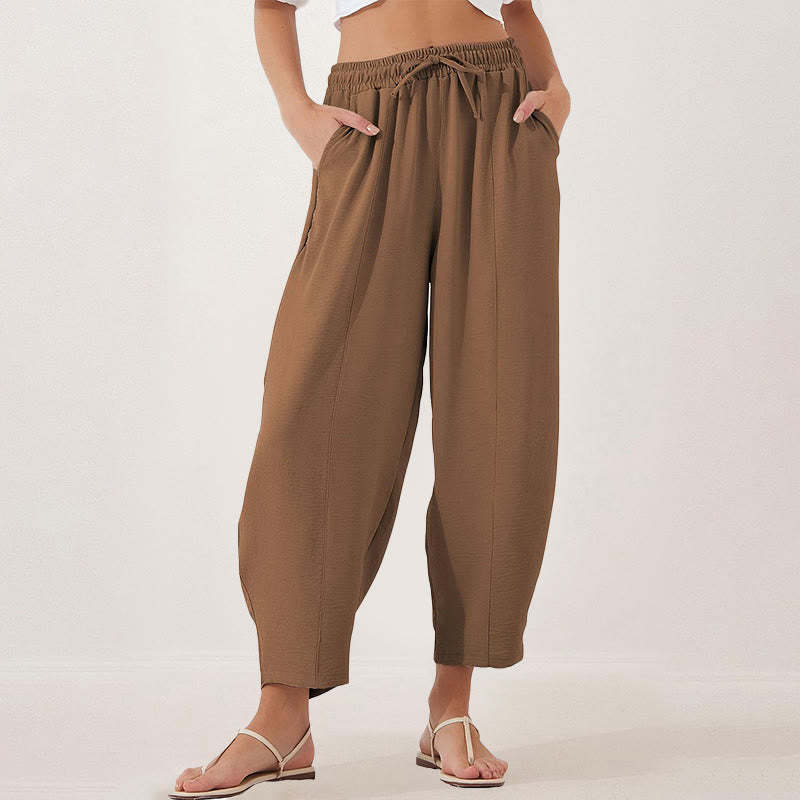 Casual Plain Loose Drawstring Women's Polyester 7/8 Length Pants  With Pockets