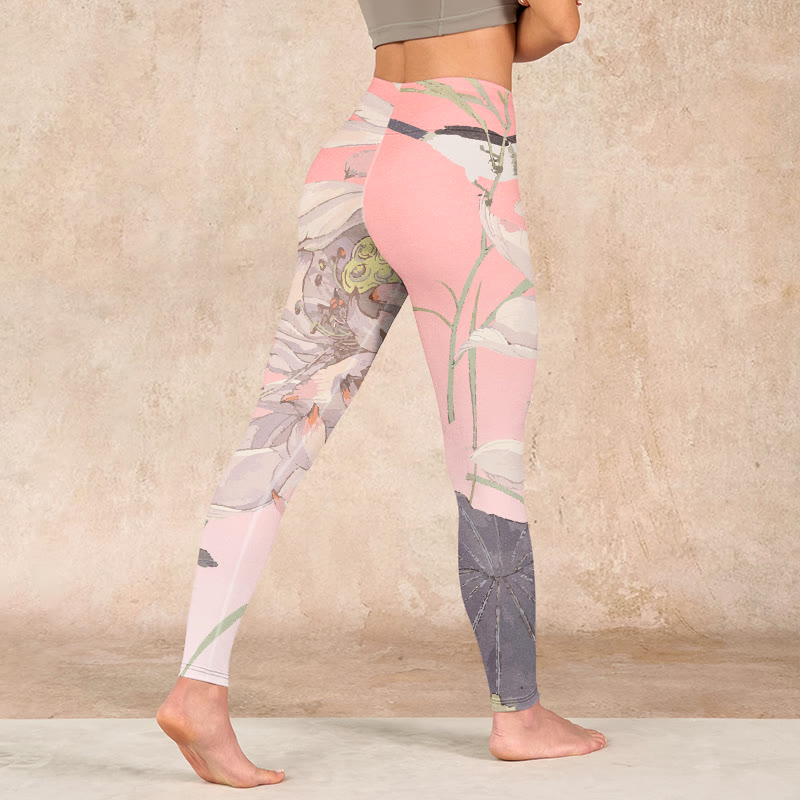 Withered White Lotus Print Gym Leggings Women's Yoga Pants