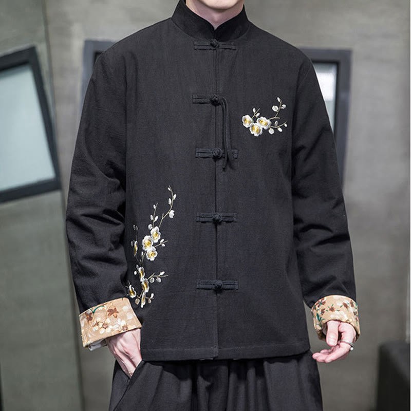 Plum Blossom Embroidery Cuff Flower Design Frog-button Tang Suit Cotton Linen Men's Jacket Shirt