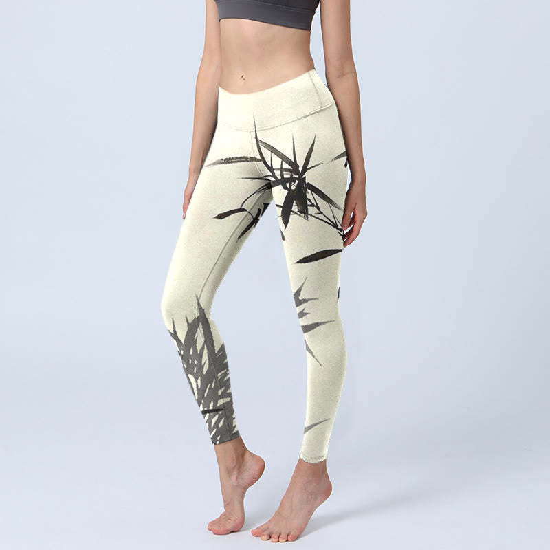 Ink Painting Bamboo Leaves Print Sports Leggings Women's Yoga Pants