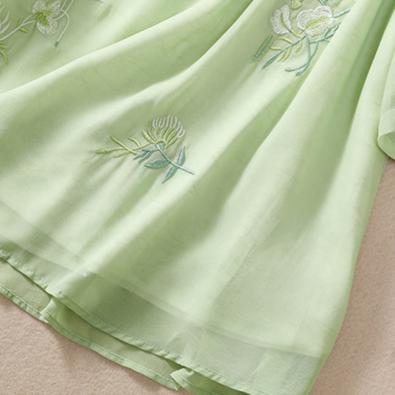 Embroidery Plants Flower Half Sleeve Plain Frog-Button Stand Collar Women's Shirt