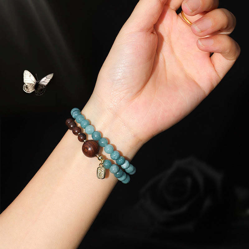 Blue Chalcedony Green Sandalwood Small Leaf Red Sandalwood Double Wrap Emotional Balance Bracelet