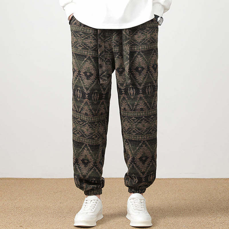 Ethnic Jacquard Knitting Drawstring Men's Pants With Pockets