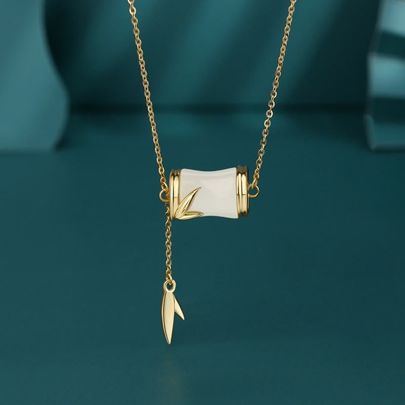 925 Sterling Silver 22K Gold Hetian White Jade Bamboo Leaf Luck Necklace Pendant Bracelet