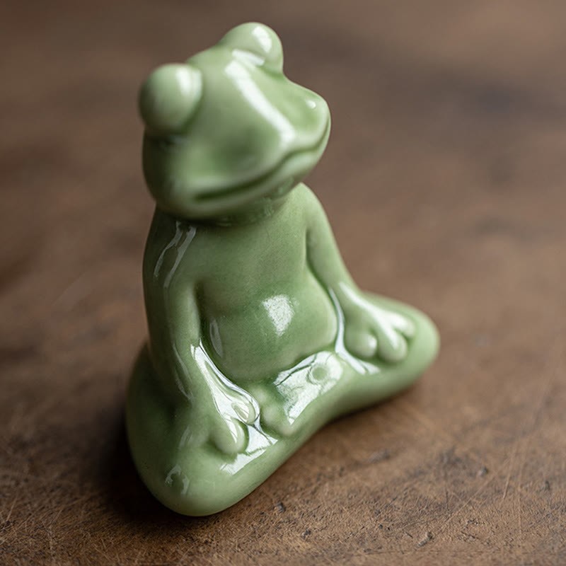 Mini Small Meditation Lotus Resting Frog Ceramic Wealth Luck Home Tea Pet Figurine Decoration