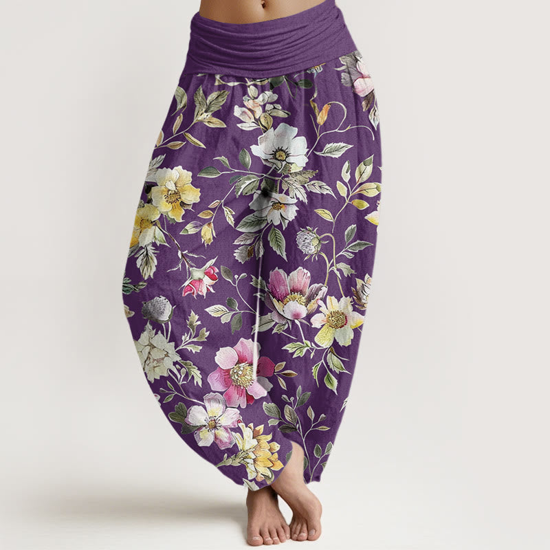 Elegant Flower Design Women's Elastic Waist Harem Pants