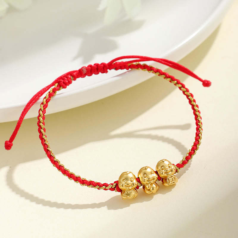 Handmade 999 Sterling Silver Golden Year Of Snake Fu Auspicious Clouds Ingot Copper Coins Red String Fortune Braided Bracelet
