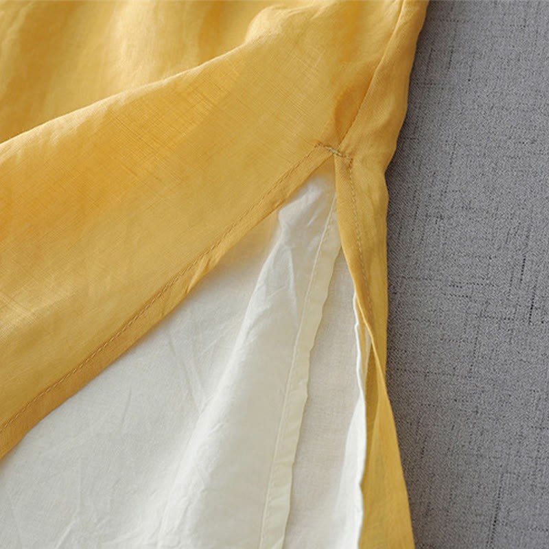 Solid Color Frog-Button Three Quarter Sleeve Double Layer Cotton Linen Shirt