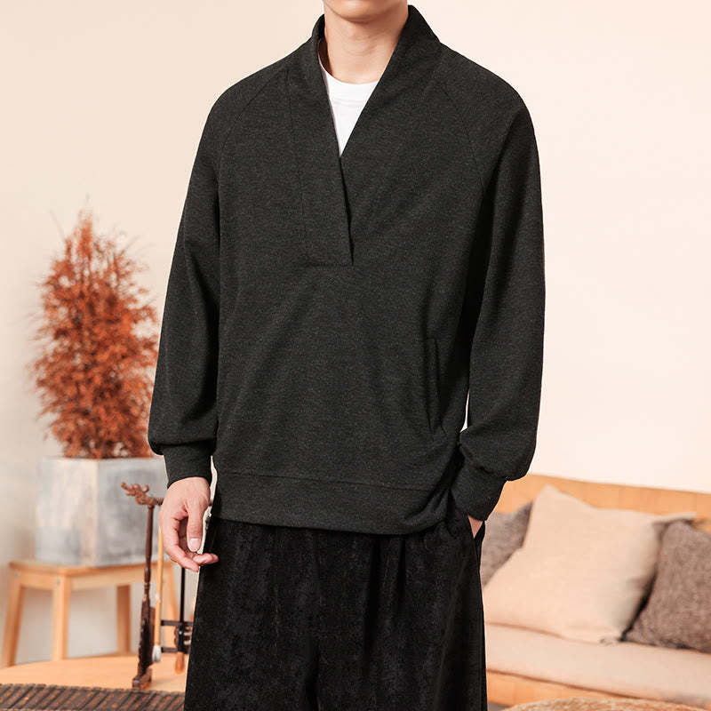 Fall Simple V-Neck Men's Sweatshirt Cotton Pullover With Pockets