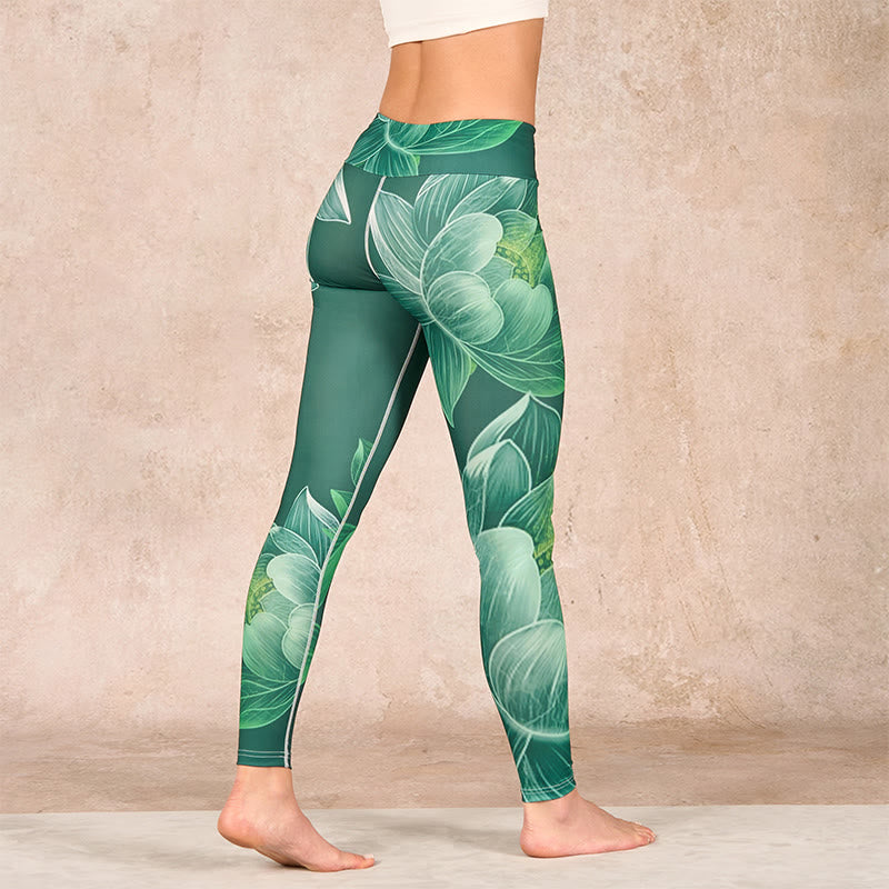 Dark Green Lotus Flower Leaf Print Gym Fitness Leggings Women's Yoga Pants