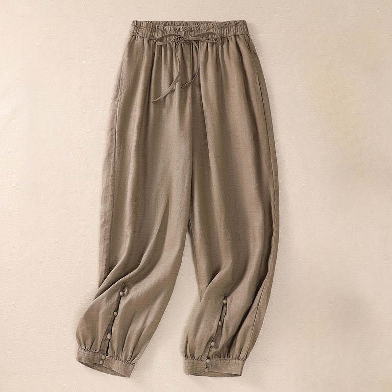 Pure Color Drawstring Frog-Button Cotton Linen Women's Harem Pants With Pockets