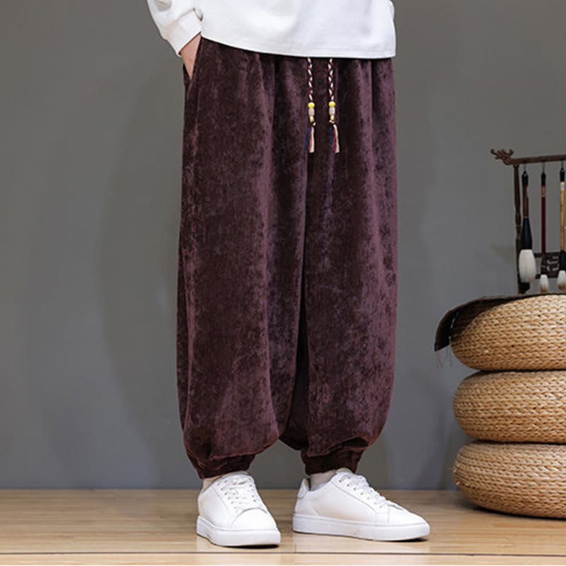 Fall Winter Men's Drawstring Chenille Harem Pants With Pockets