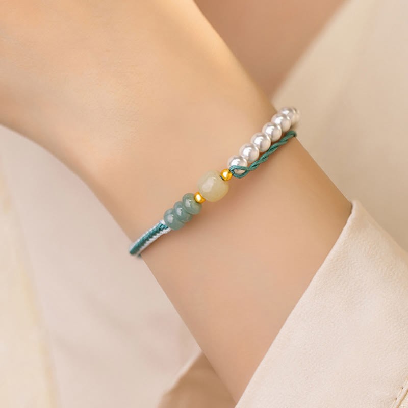 925 Sterling Silver Hetian Jade Braided Rope Pearl Abundance Bracelet