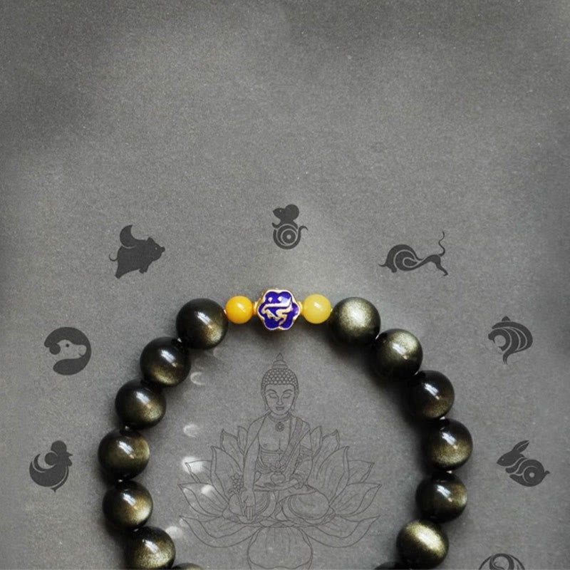 925 Sterling Silver Chinese Zodiac Natal mystic zen Natural Gold Sheen Obsidian Amber Wealth Protection Bracelet