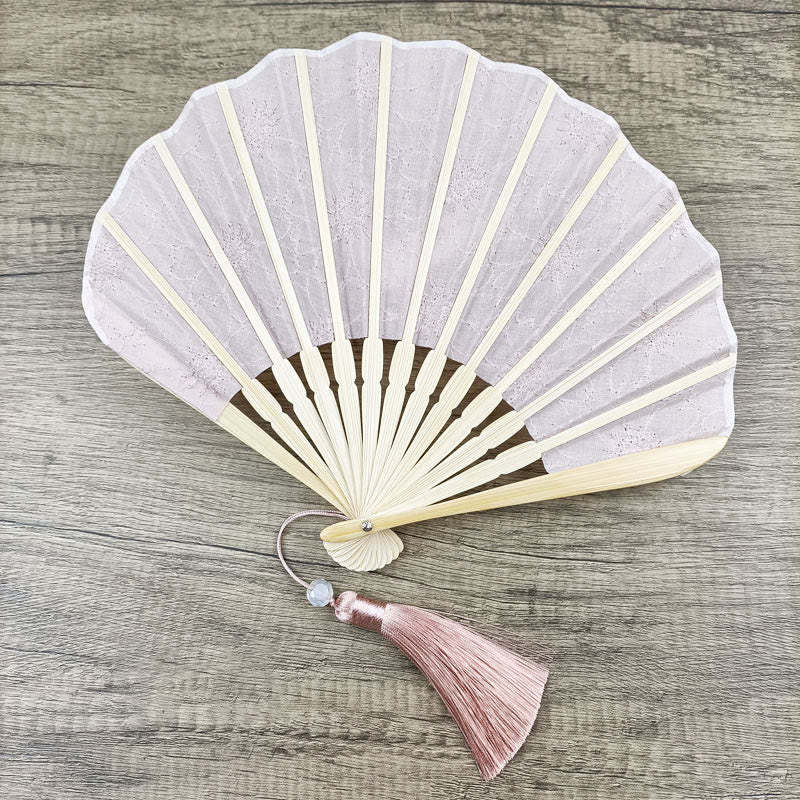 Retro Large Flower Embroidery Shell Shape Tassels Handheld Bamboo Folding Fan