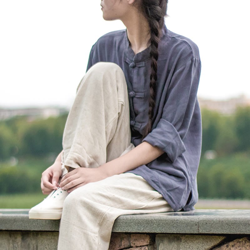 Solid Color Frog-button Long Sleeve Cotton Linen Women's Shirts With Pockets