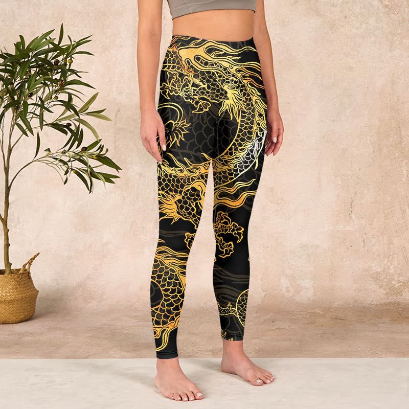 Golden Dragon Print Gym Leggings Women's Yoga Pants
