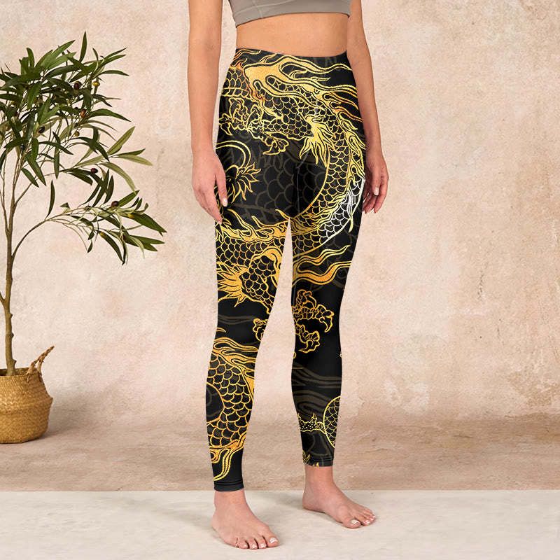 Golden Dragon Print Gym Leggings Women's Yoga Pants