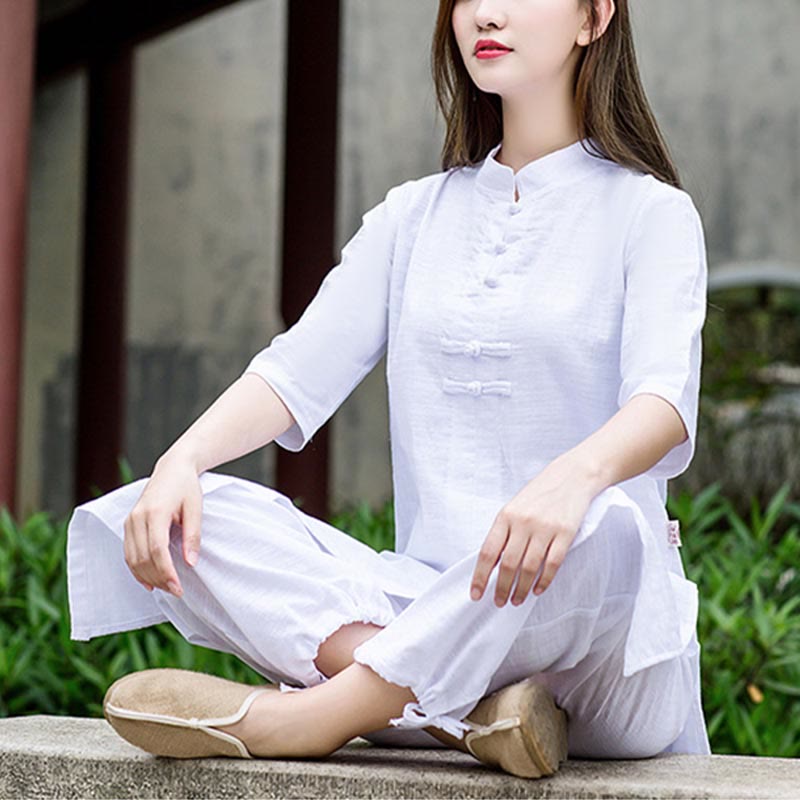 2Pcs Half Sleeve Shirt Top Pants Meditation Zen Tai Chi Linen Clothing Women's Set